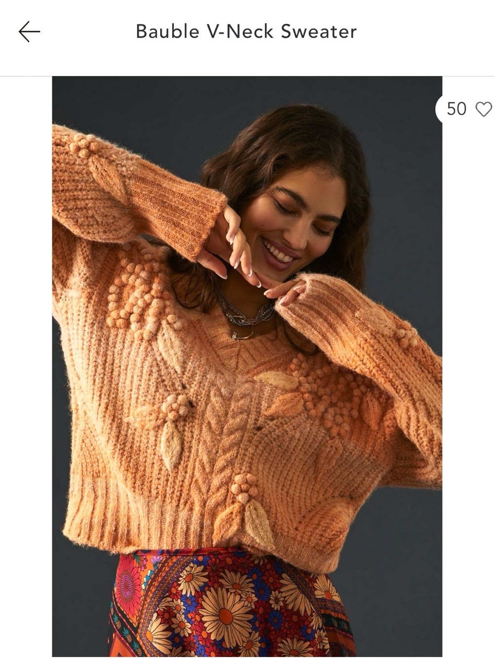 Anthropologie Peach V-Neck Bauble Sweater
